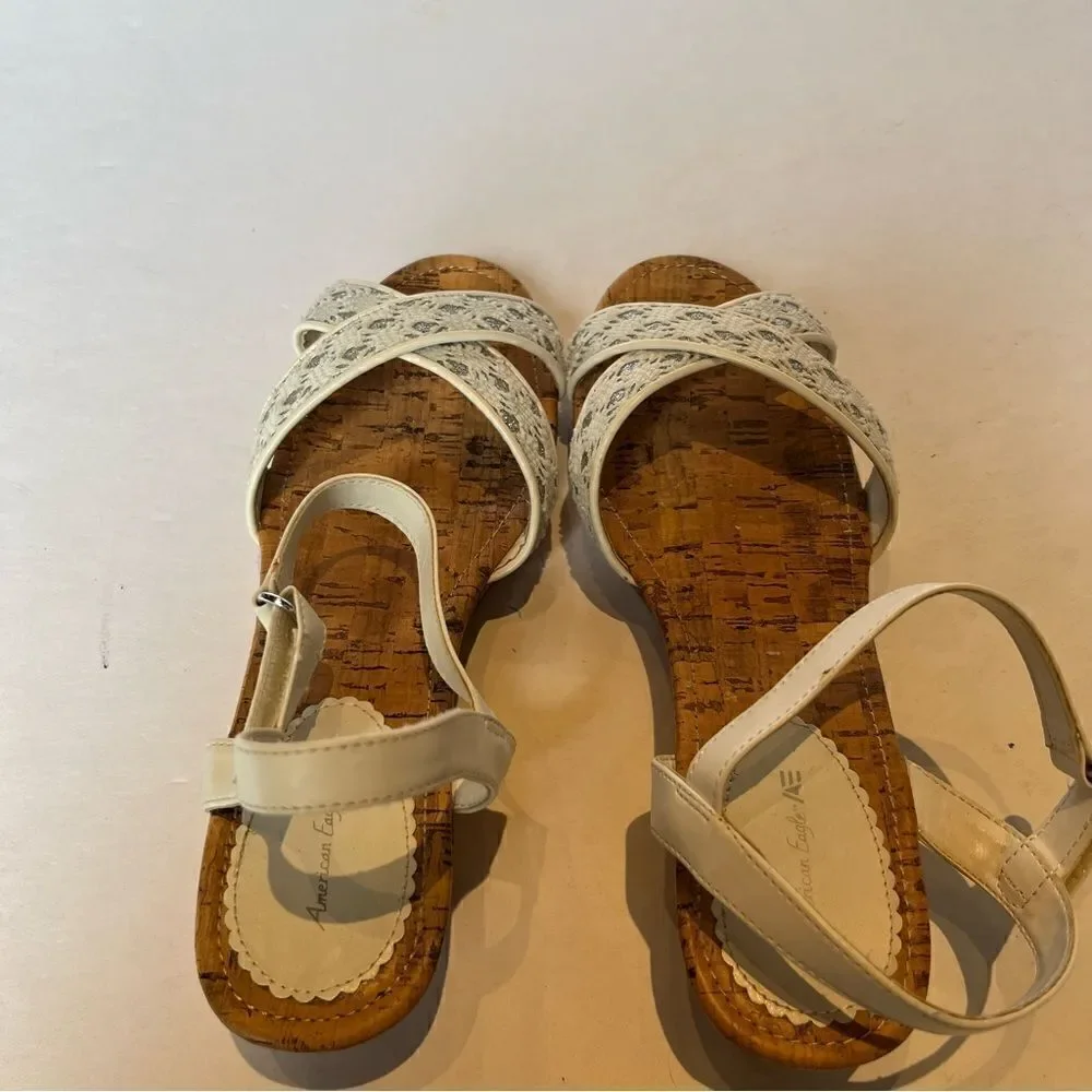 American Eagle Girl's Slingback Sandals Cork Wedge Cream/Silver Size 4 1/2